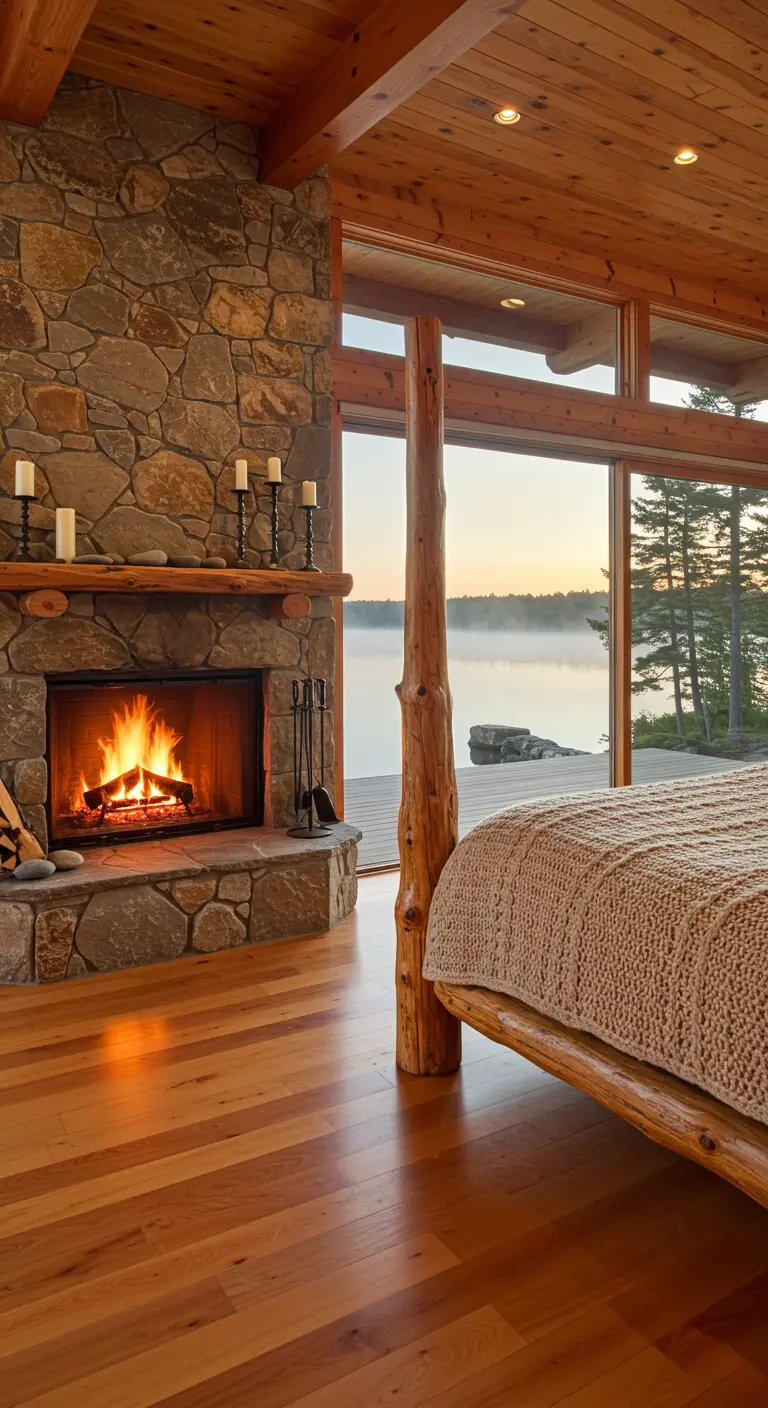 Cabin bedroom with a log bedpost framing a view of a misty lake at sunrise.
