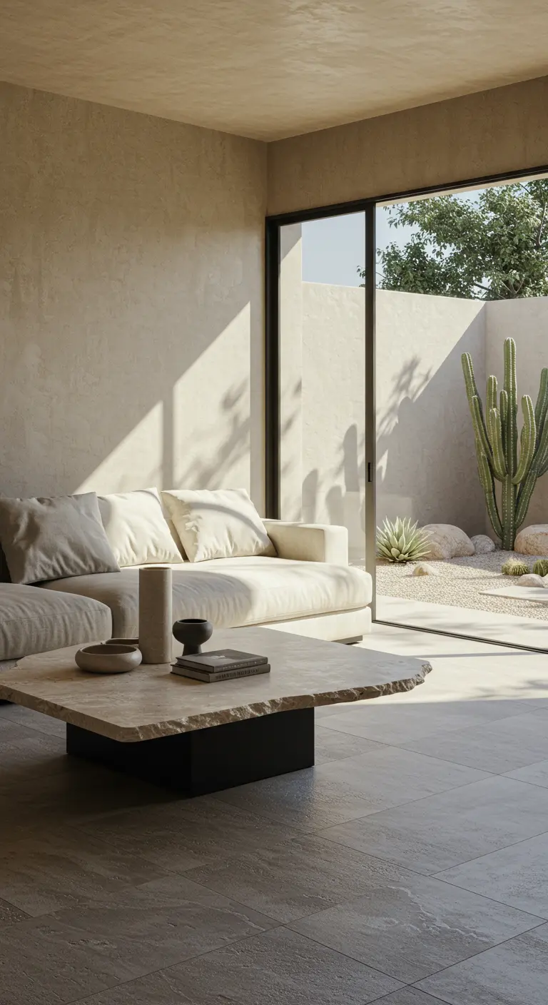 Beige living room with plaster walls opening onto a sunny courtyard with a large cactus.