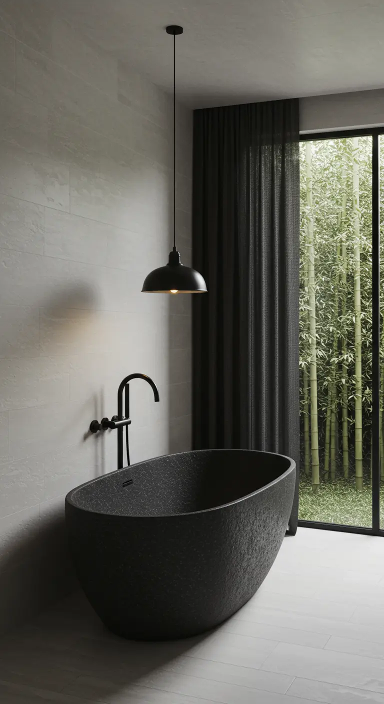 Bathroom with a black textured tub, a single pendant light, and a large window looking out to bamboo.
