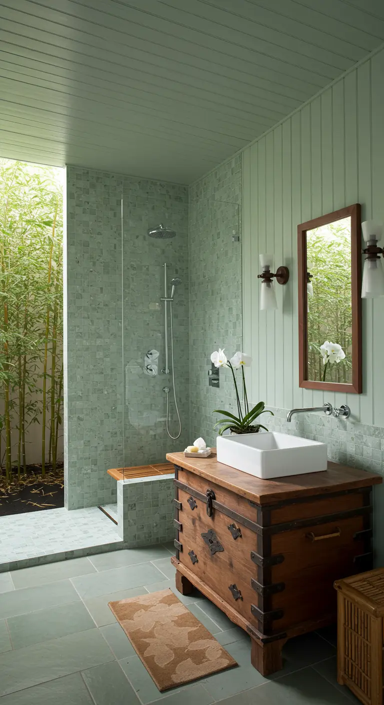 Bathroom with a glass shower wall opening to a bamboo garden and an antique chest vanity.