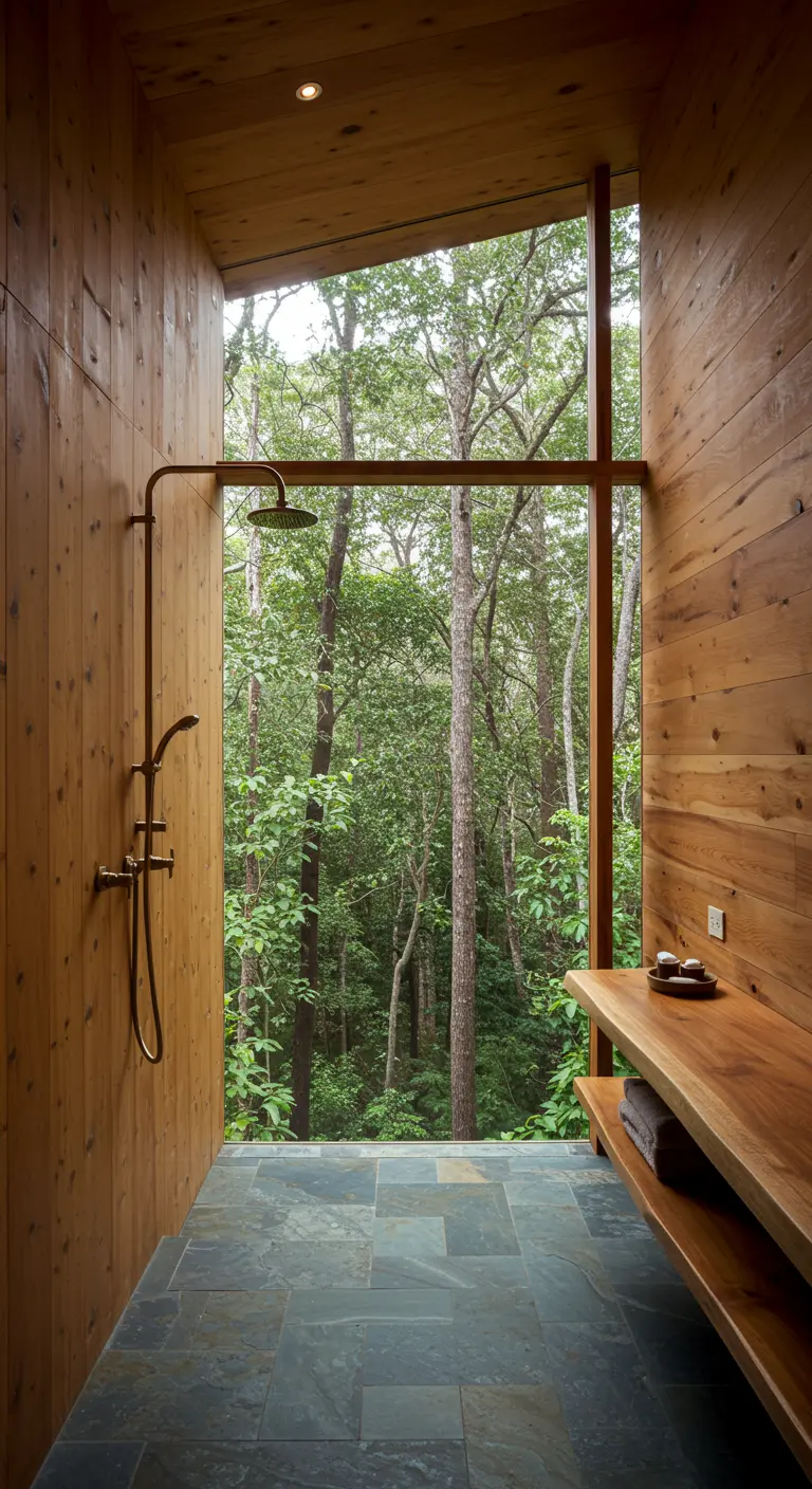 Wood-paneled walk-in shower with a large picture window looking out into a green forest.