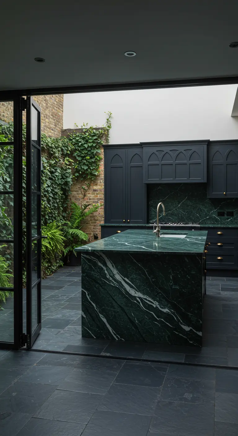 Kitchen with black cabinets and a green marble island opening onto a lush green patio.