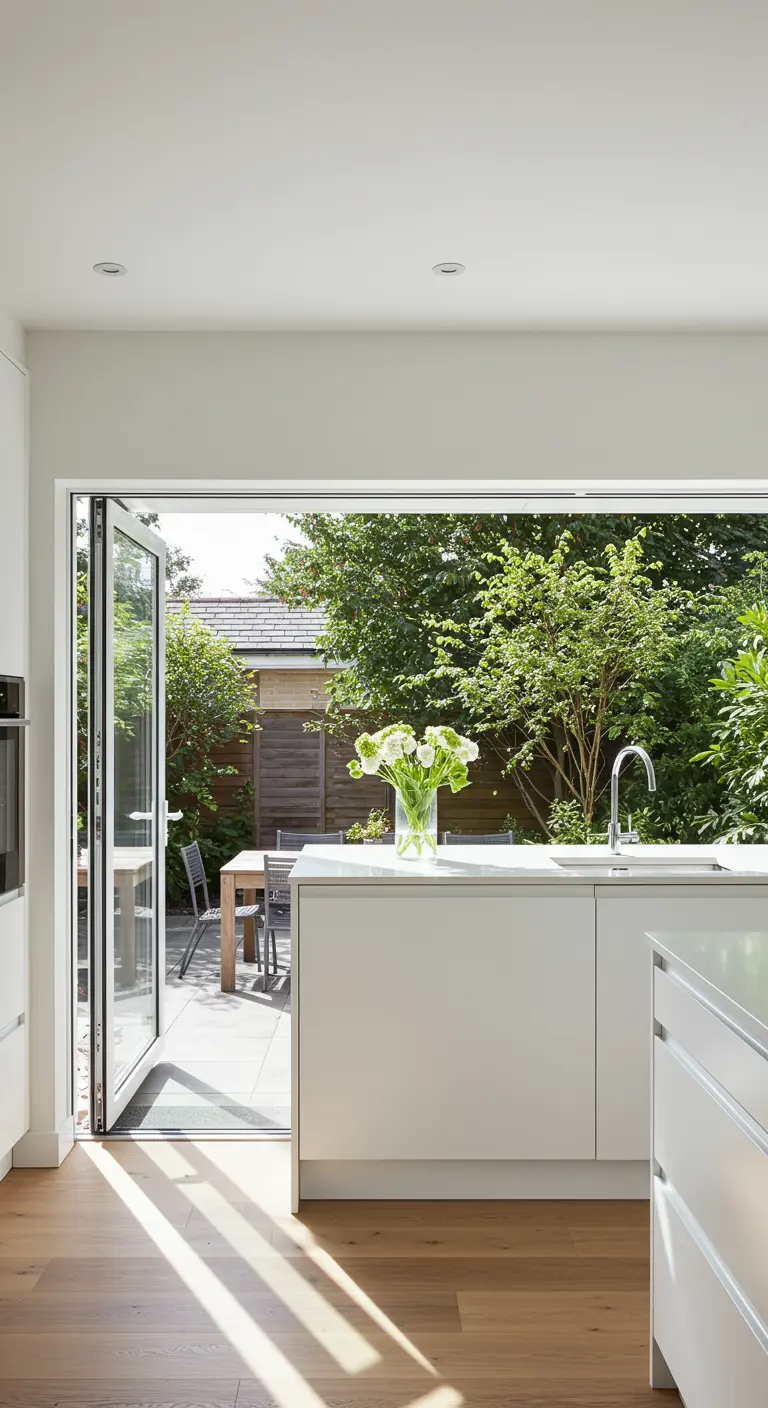 White kitchen with bi-fold doors fully open to a lush green garden and patio.