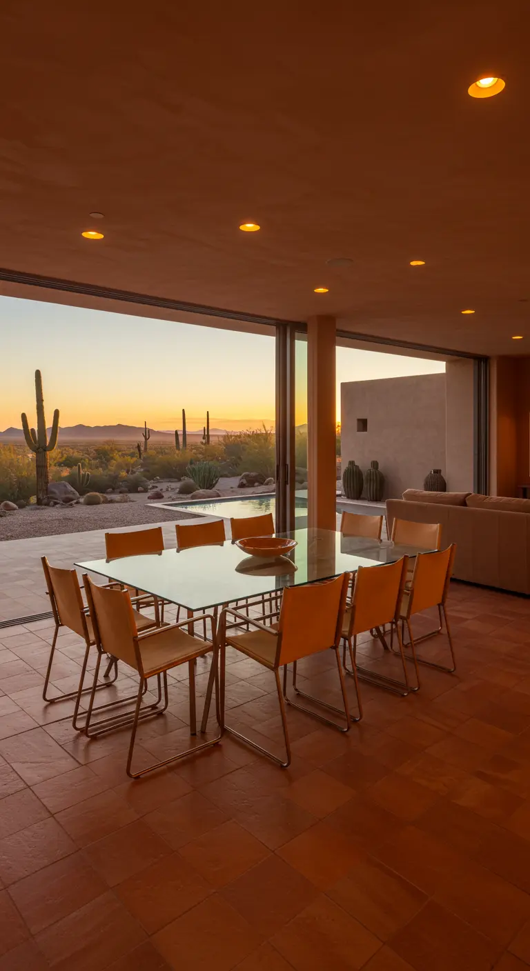 Glass dining table with wood chairs overlooking a desert landscape at sunset.