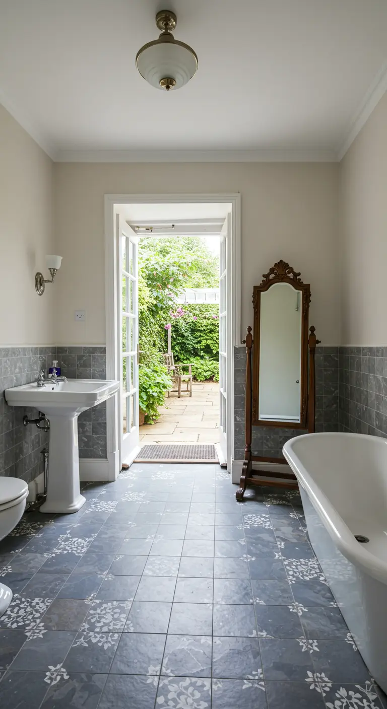 Bathroom with a freestanding floor mirror and open doors to a garden.