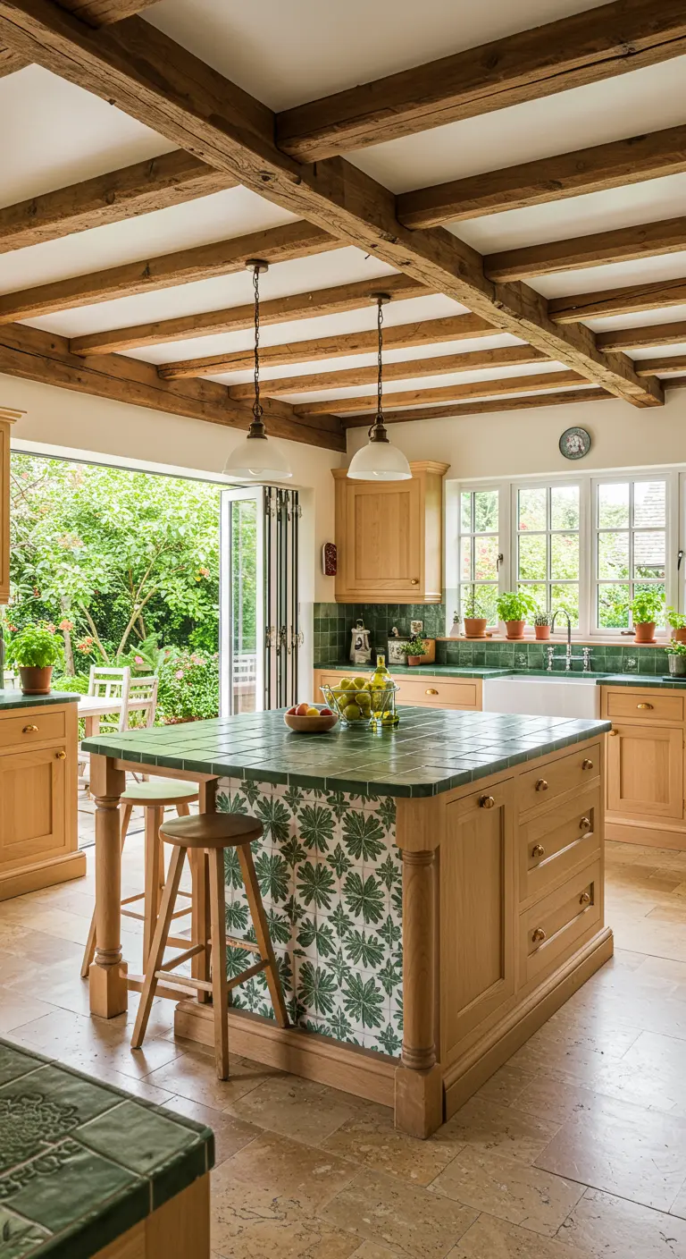 A kitchen with green leaf-patterned tile on the island, opening up to a lush garden.