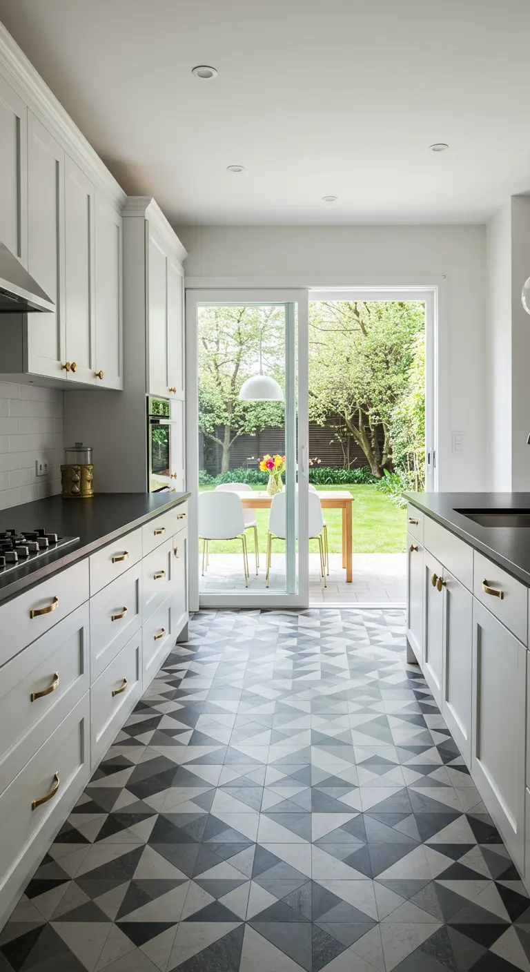 Galley kitchen with geometric floor tiles leading to a glass door and green backyard.