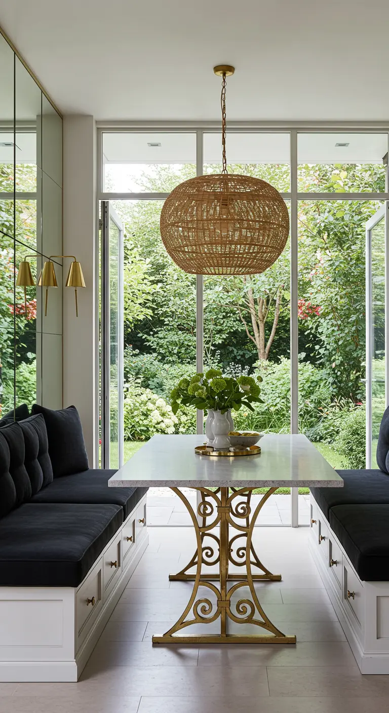 Dining nook with a large glass door open to a garden, with a woven pendant light overhead.