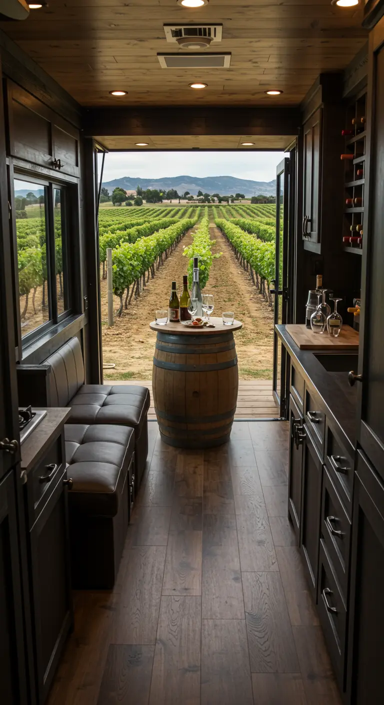 Tiny home interior looking out to a vineyard, with a wine barrel serving as a table.