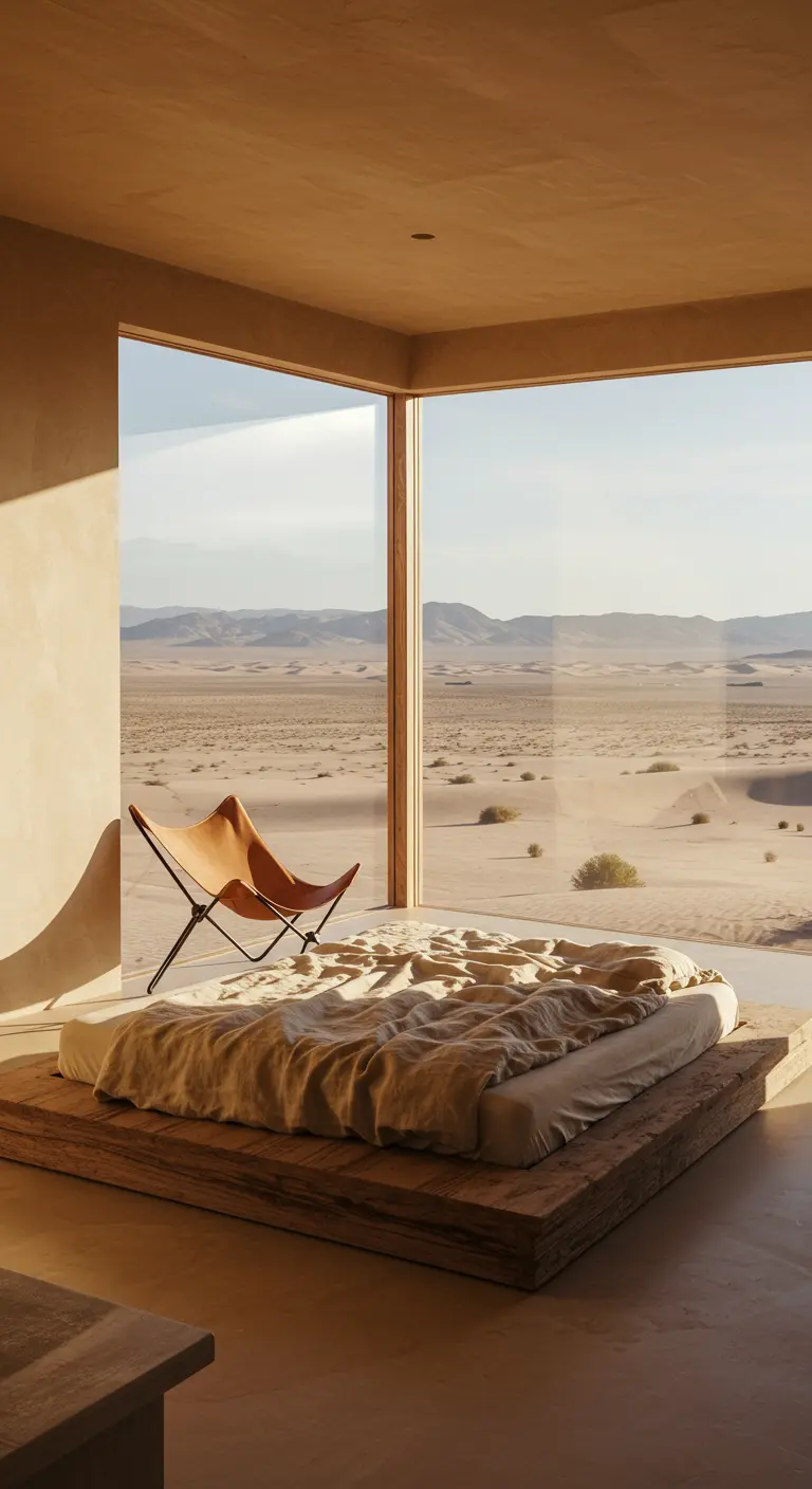 A platform bed and leather chair in a minimalist room with corner windows overlooking a desert.