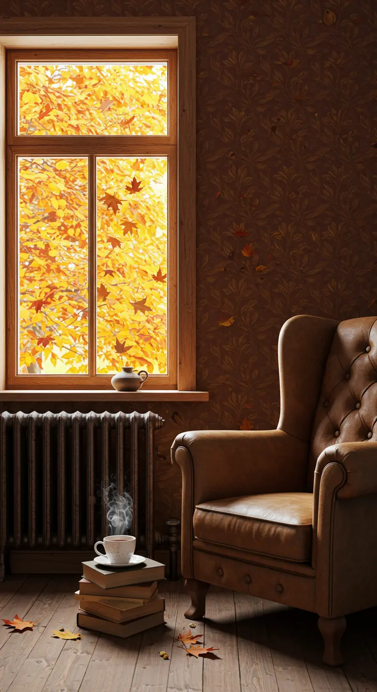 A tan leather armchair sits by a window showing bright yellow autumn leaves.
