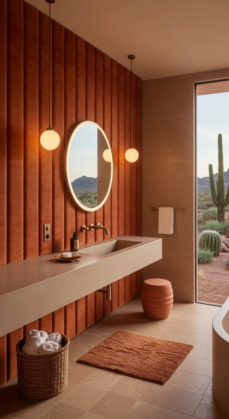 Desert modern bathroom with terracotta velvet walls and a view of a cactus garden.