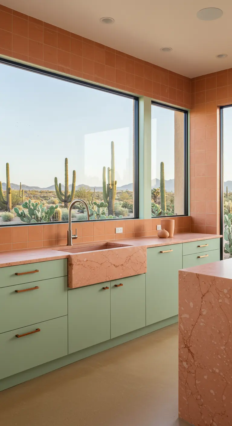 Kitchen with sage cabinets and terracotta sink overlooking a desert landscape with cacti.
