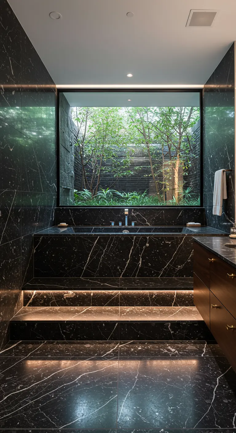 Black marble bathroom with a stepped tub overlooking a private garden.