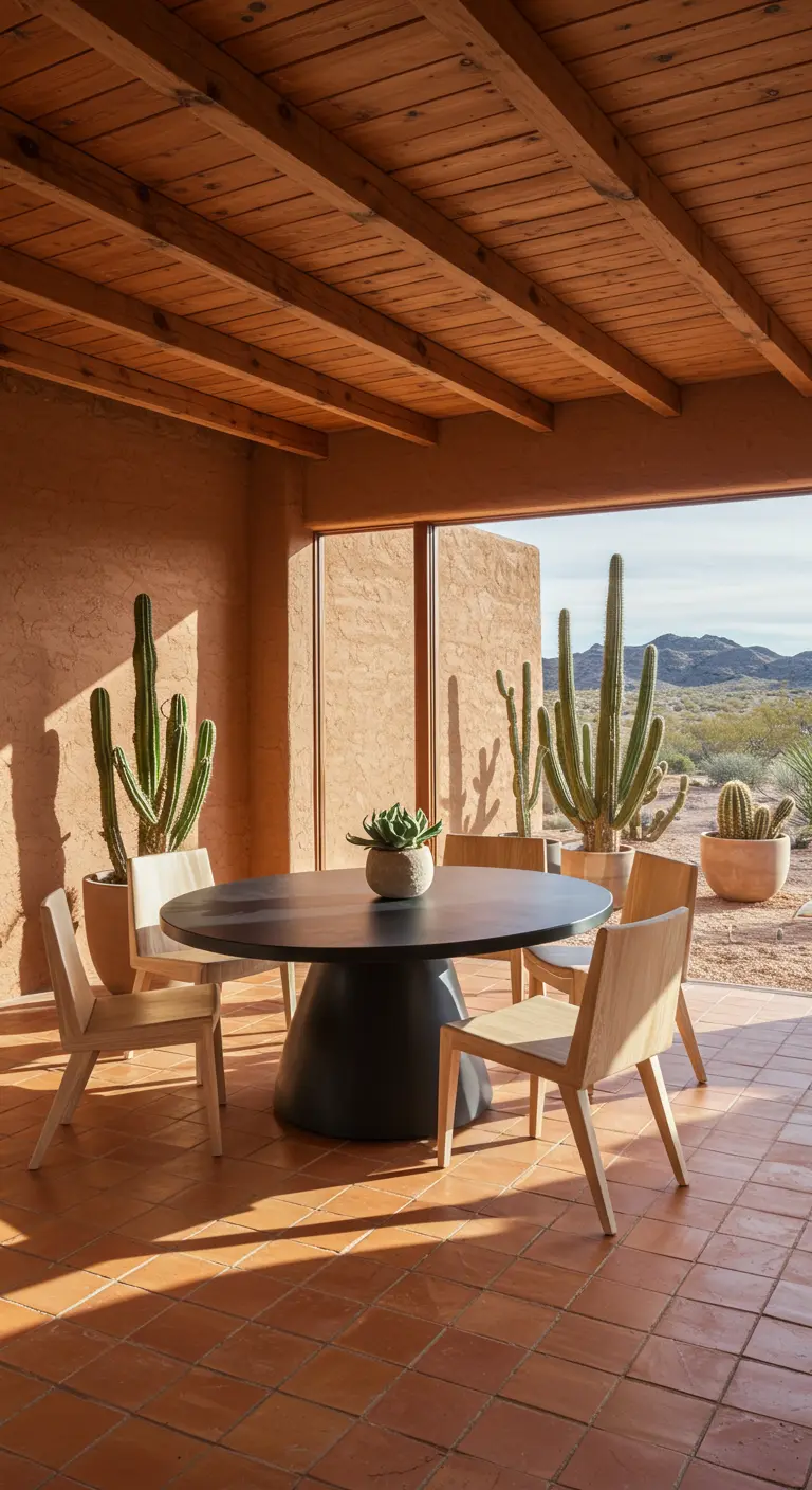 A covered patio with a round black table, wood chairs, and potted cacti.
