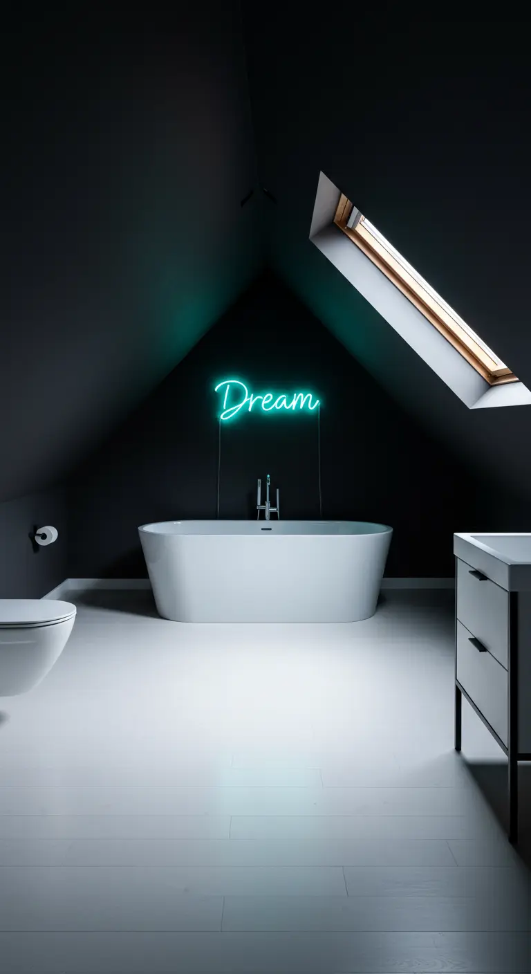 Attic bathroom with black slanted walls, a white floor, and a cyan neon 'Dream' sign.