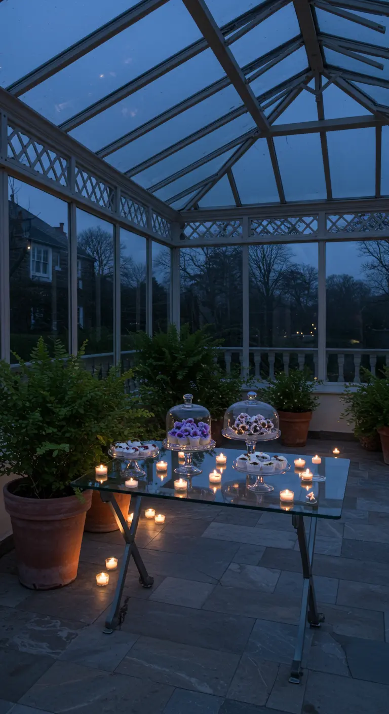 A glass conservatory at night with ferns, a glass table, and desserts decorated with violets.