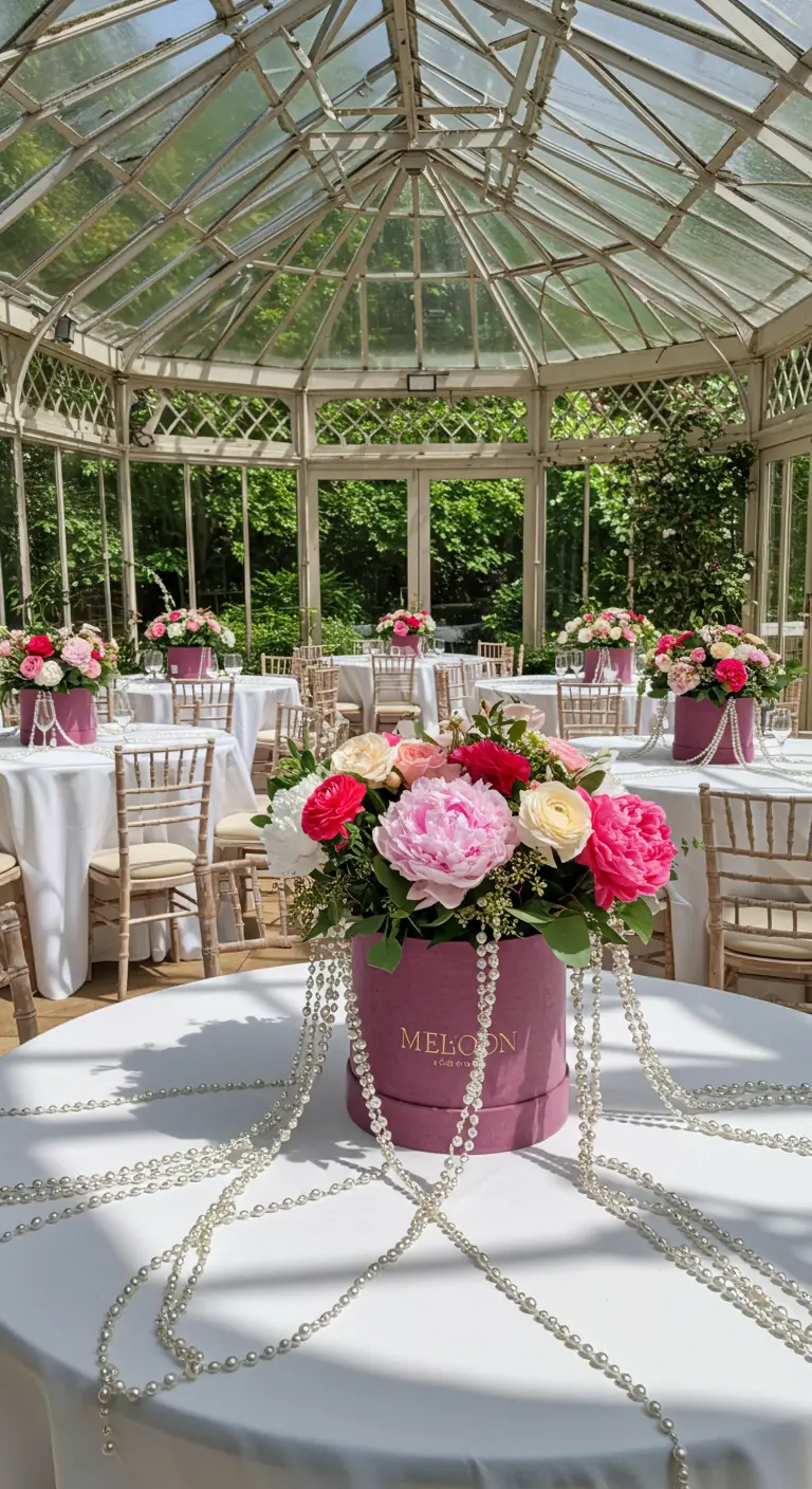 Pink velvet hatbox with peonies and roses, draped with pearl garlands in a glass conservatory.