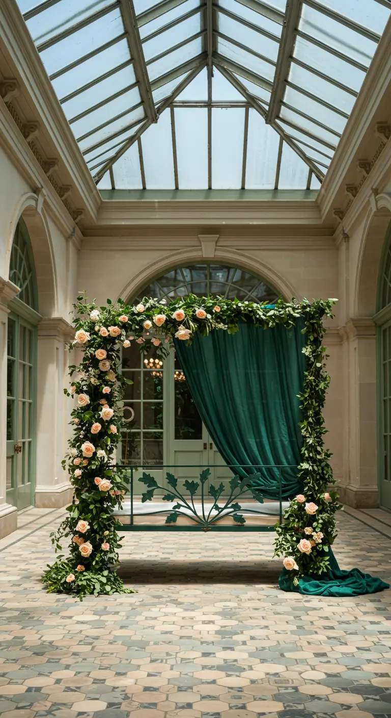 A daybed with a canopy and green velvet drapes inside a grand conservatory with tiled floors.