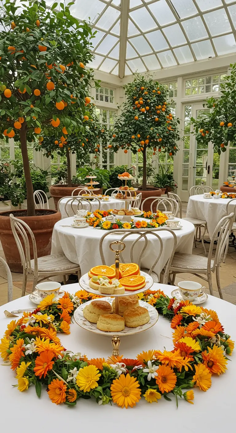 An afternoon tea in a conservatory with tables featuring marigold wreath centerpieces and orange slices.