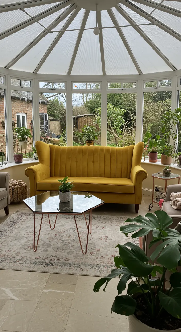 A high-backed mustard yellow sofa inside a glass conservatory filled with plants.