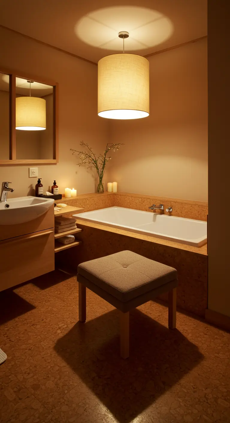A serene bathroom featuring warm cork flooring and a cork-tiled bathtub.