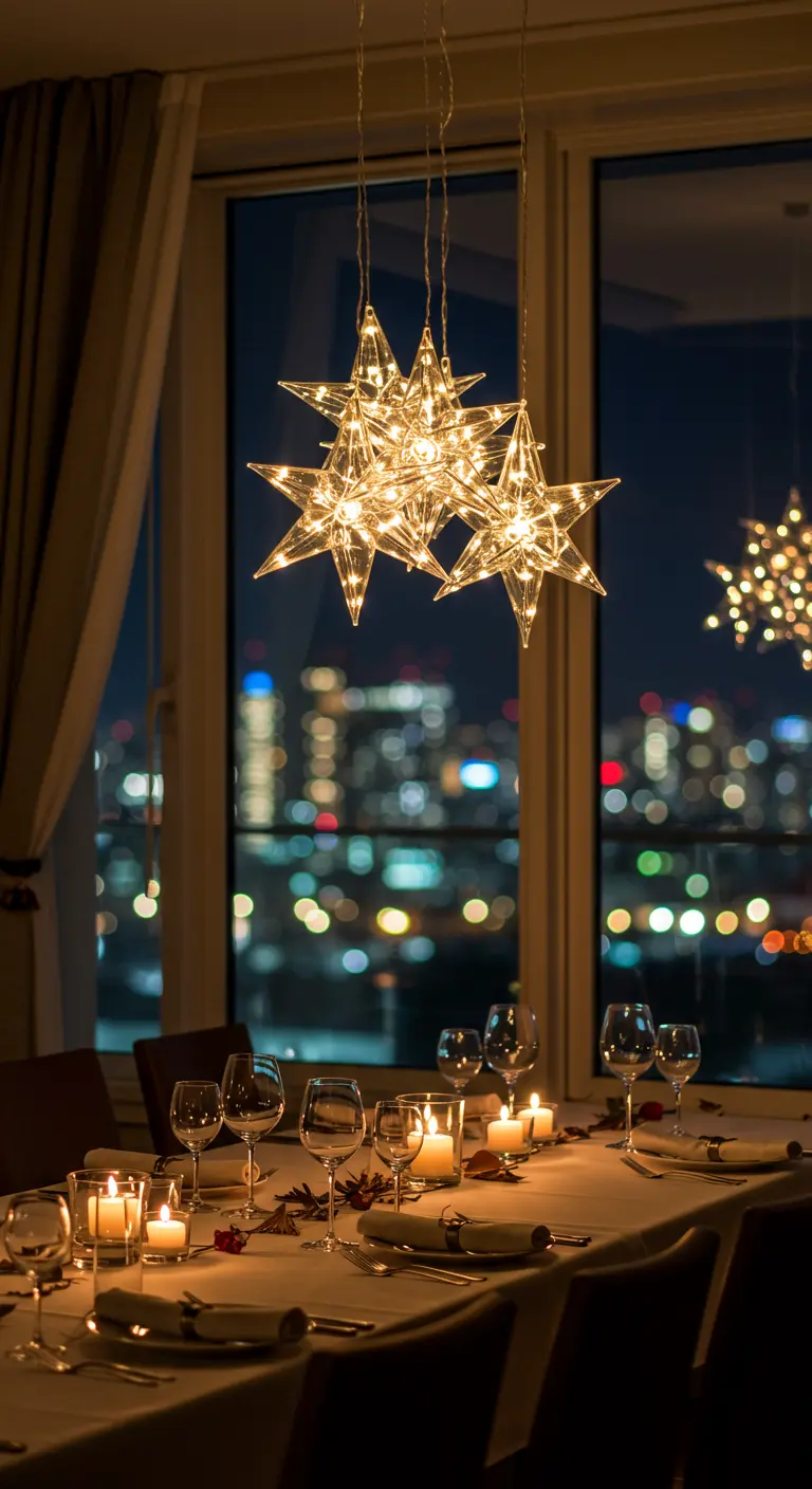 A cluster of lit glass stars hangs like a chandelier over a beautifully set dinner table.