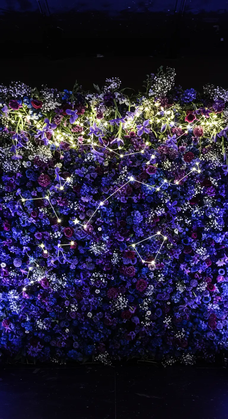Dark purple flower wall with fairy lights arranged like constellations.