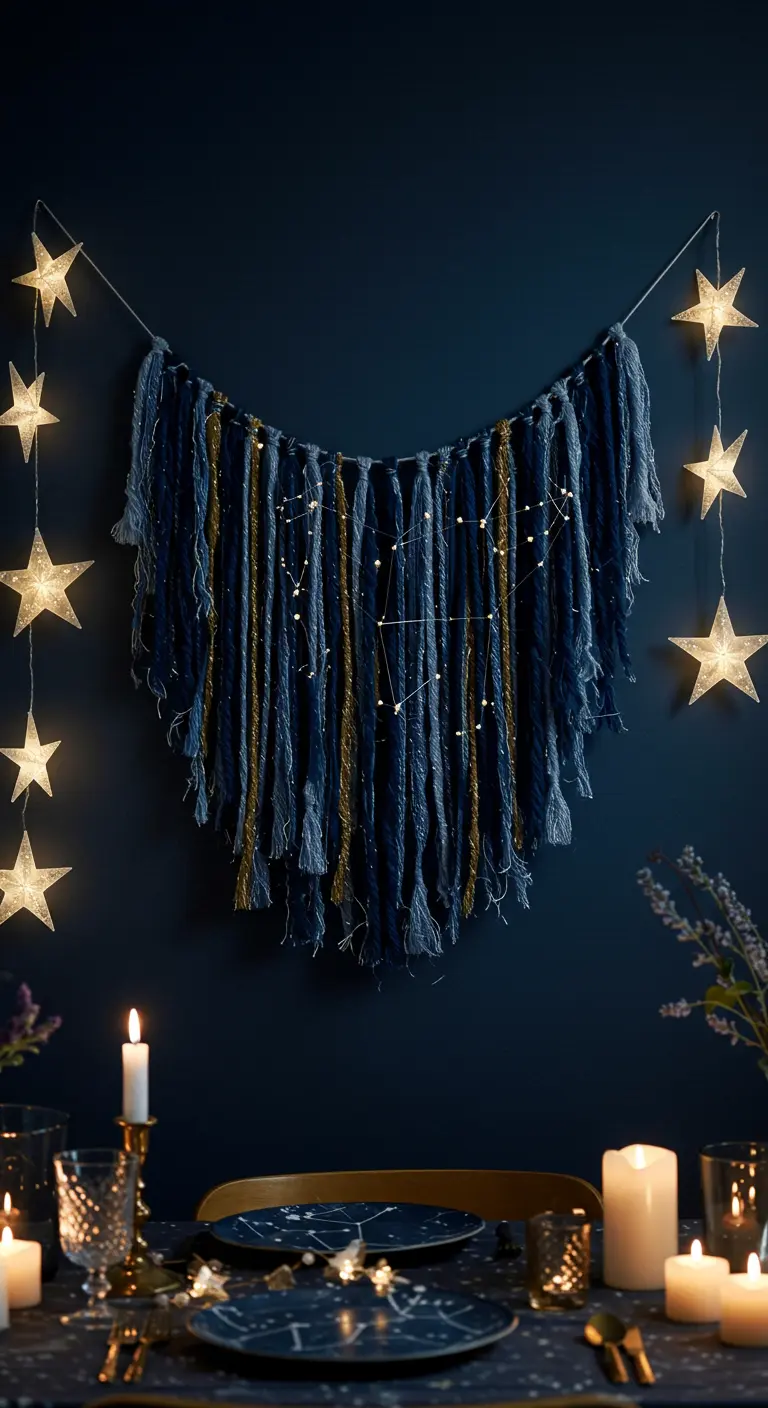 A V-shaped yarn hanging in blue and gold with fairy lights, above a candlelit dinner setting.
