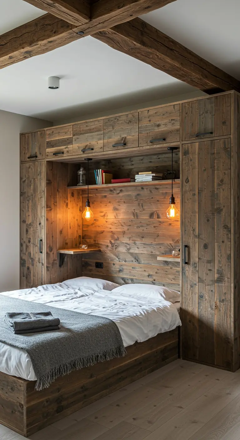 Bedroom with a bed built into a rustic wood cabinetry unit with integrated storage and lighting.
