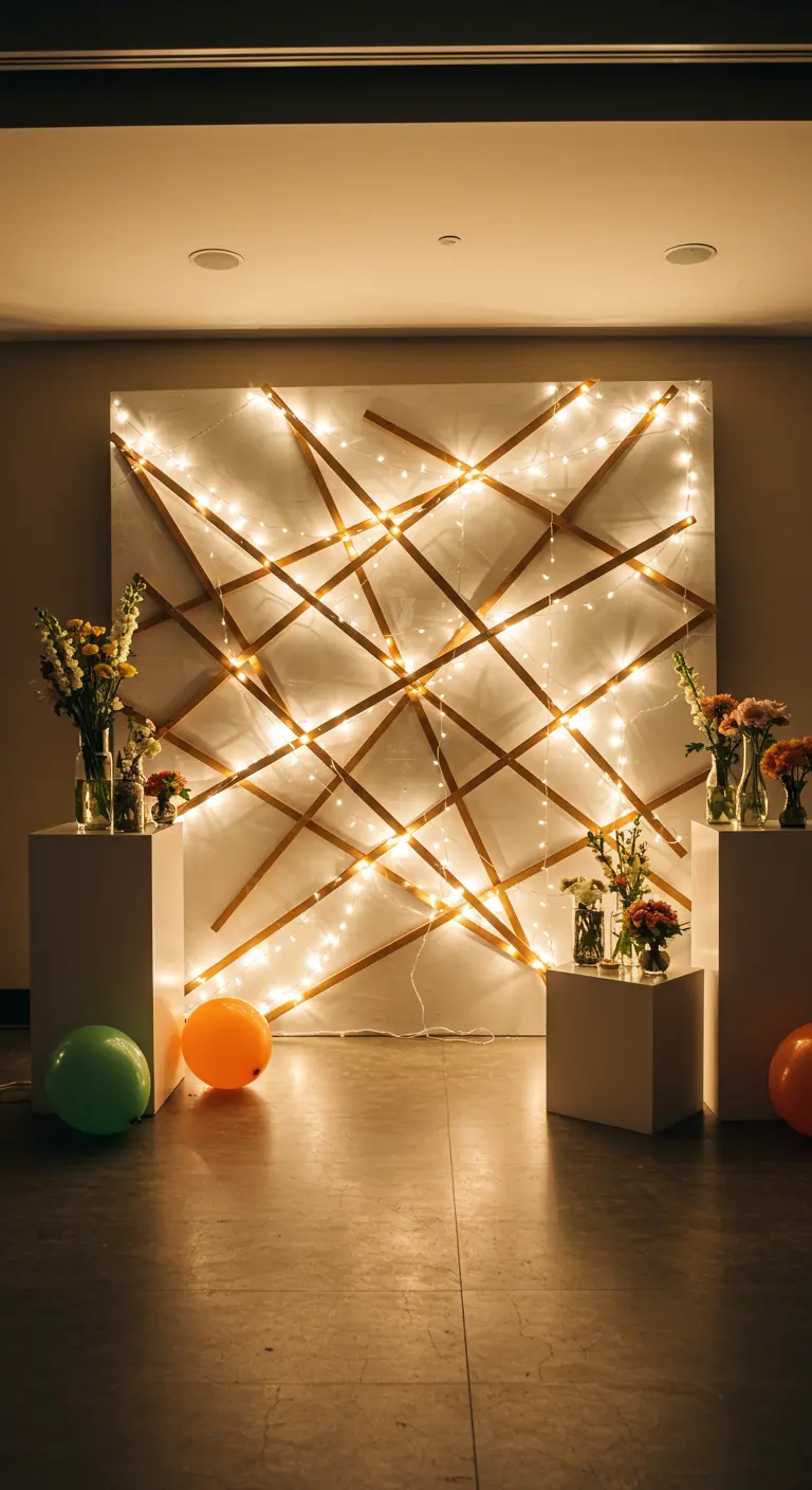 A modern art backdrop made from a geometric pattern of wood slats woven with fairy lights.