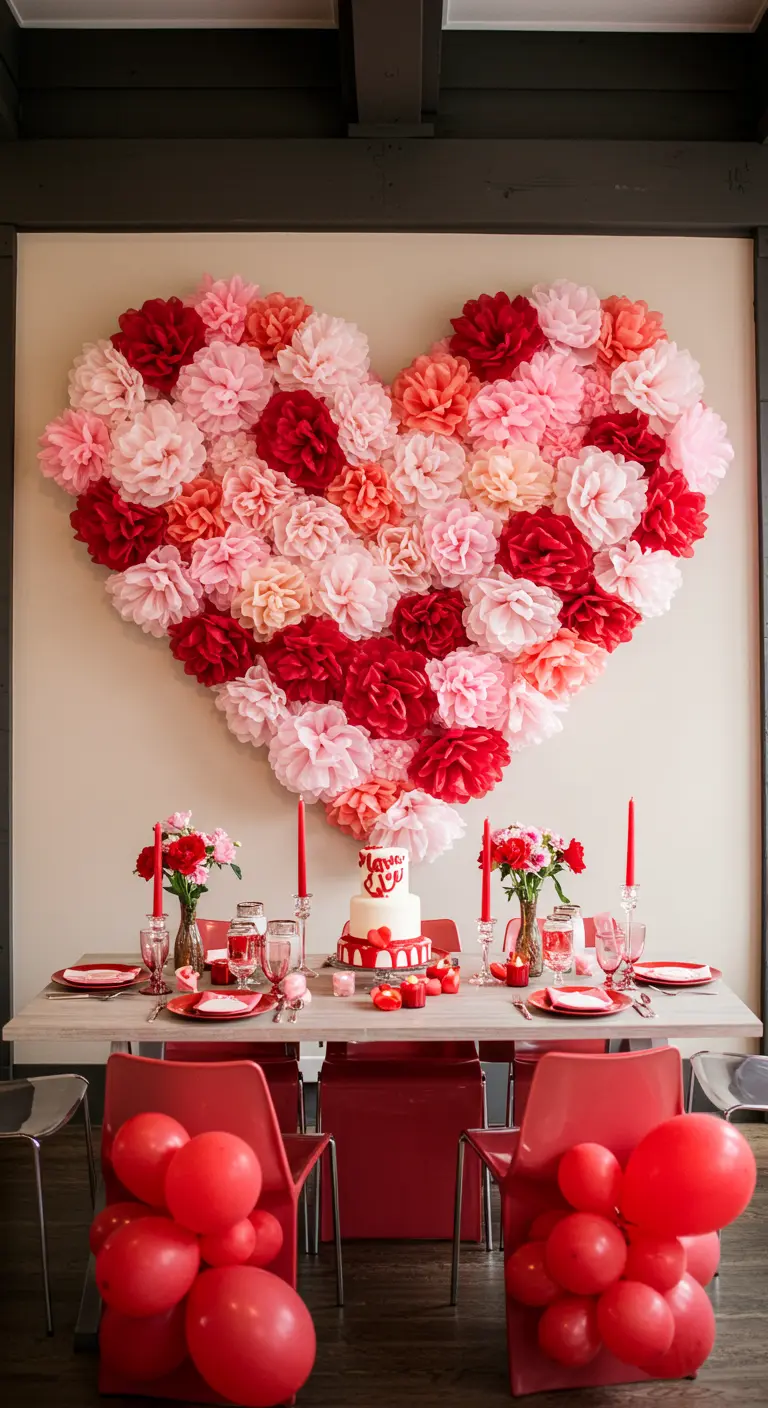 A large heart shape made of red, pink, and white pom-poms on a wall behind a dinner table.