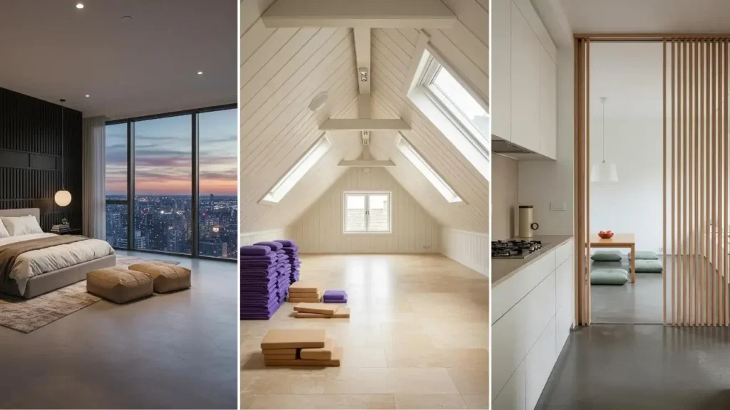 Contemporary zen homes featuring slatted wood walls, neutral stone floors, and comfy cushions.