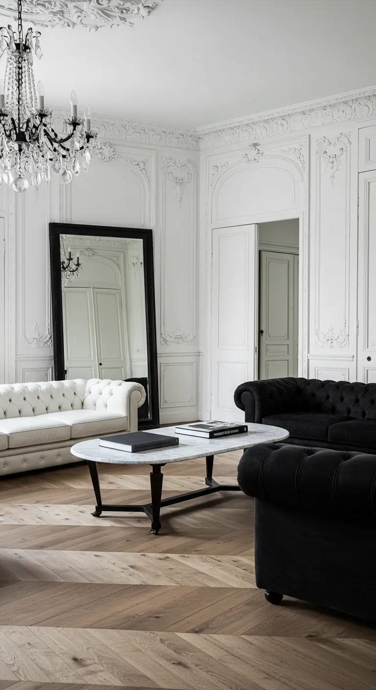 Parisian apartment with ornate mouldings, a black and a white sofa, and a large black mirror.