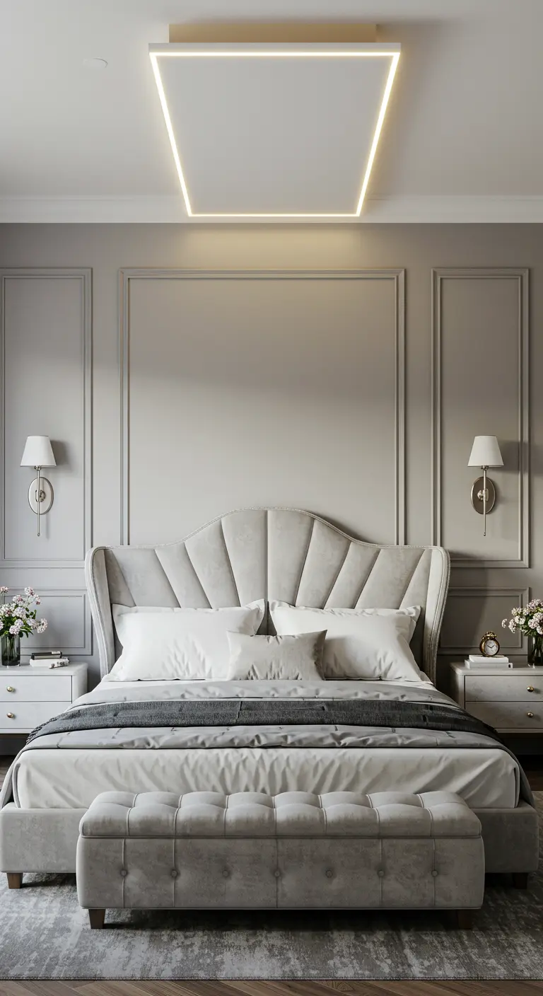 Grey bedroom with classic wall moulding and a large, modern rectangular ceiling light.