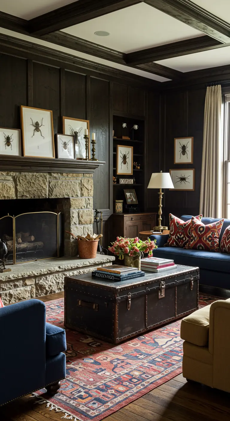 A living room with dark paneled walls, a large stone fireplace, and a navy blue sofa.