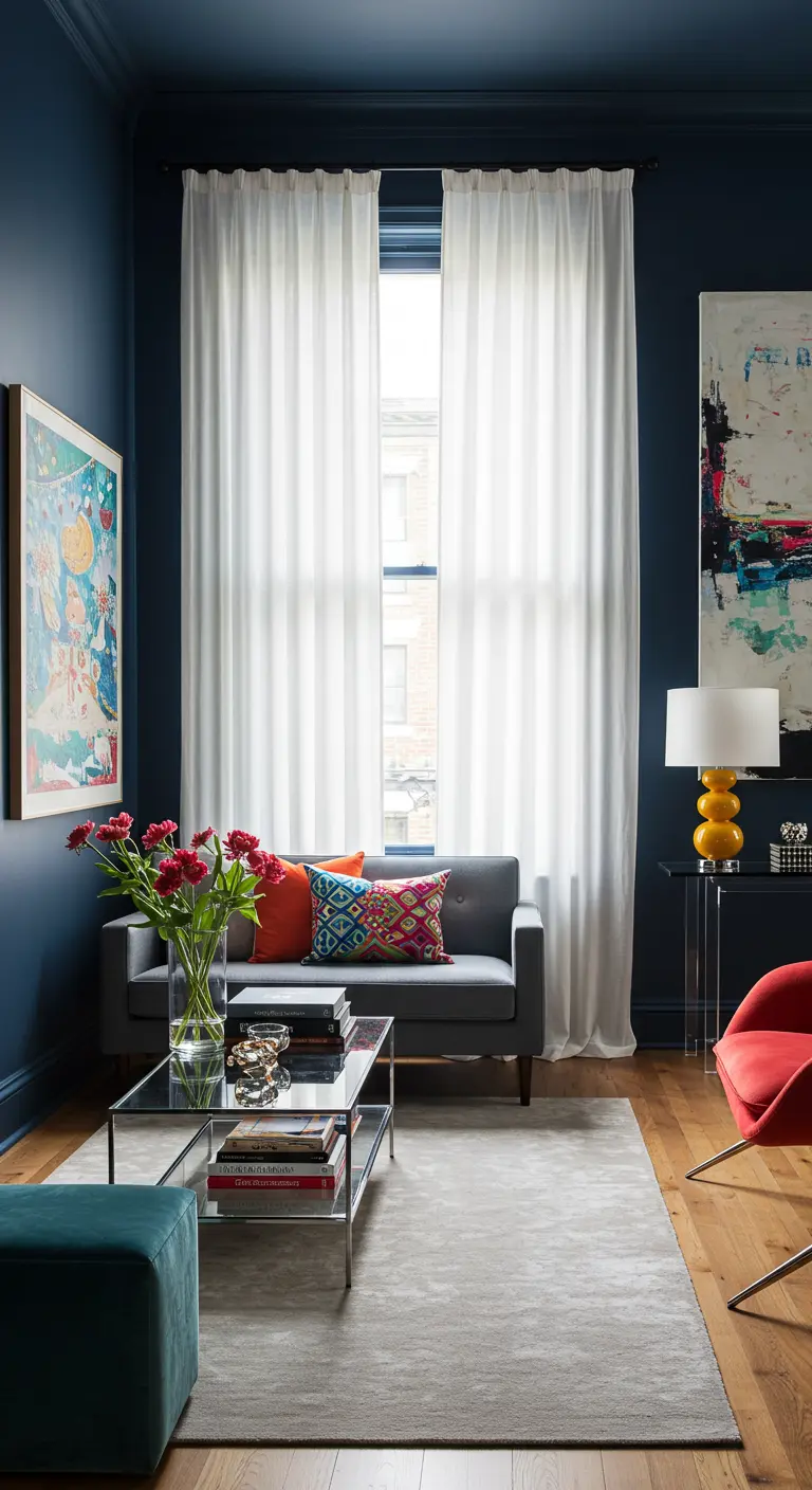 Living room with dark blue walls contrasted by tall, sheer white curtains and bright art.