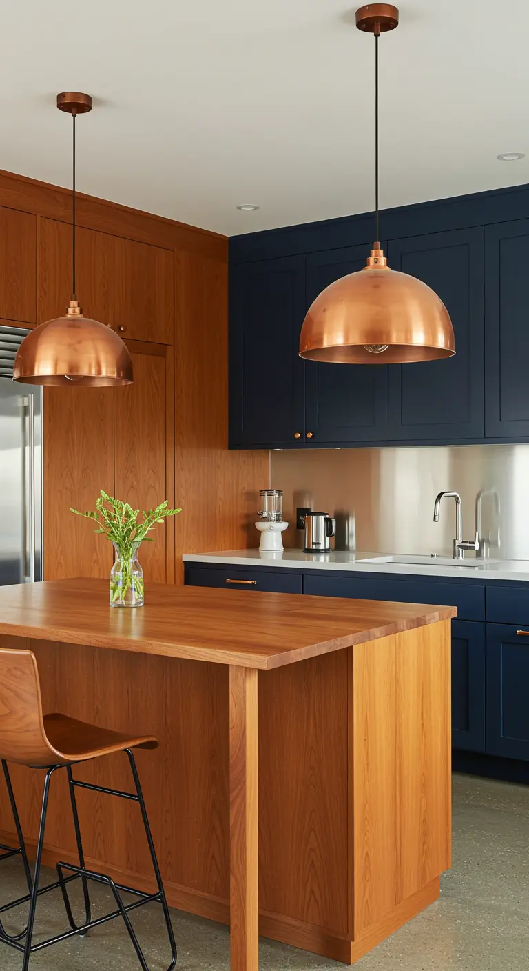 Kitchen with teak island, navy cabinets, and oversized copper pendant lights.