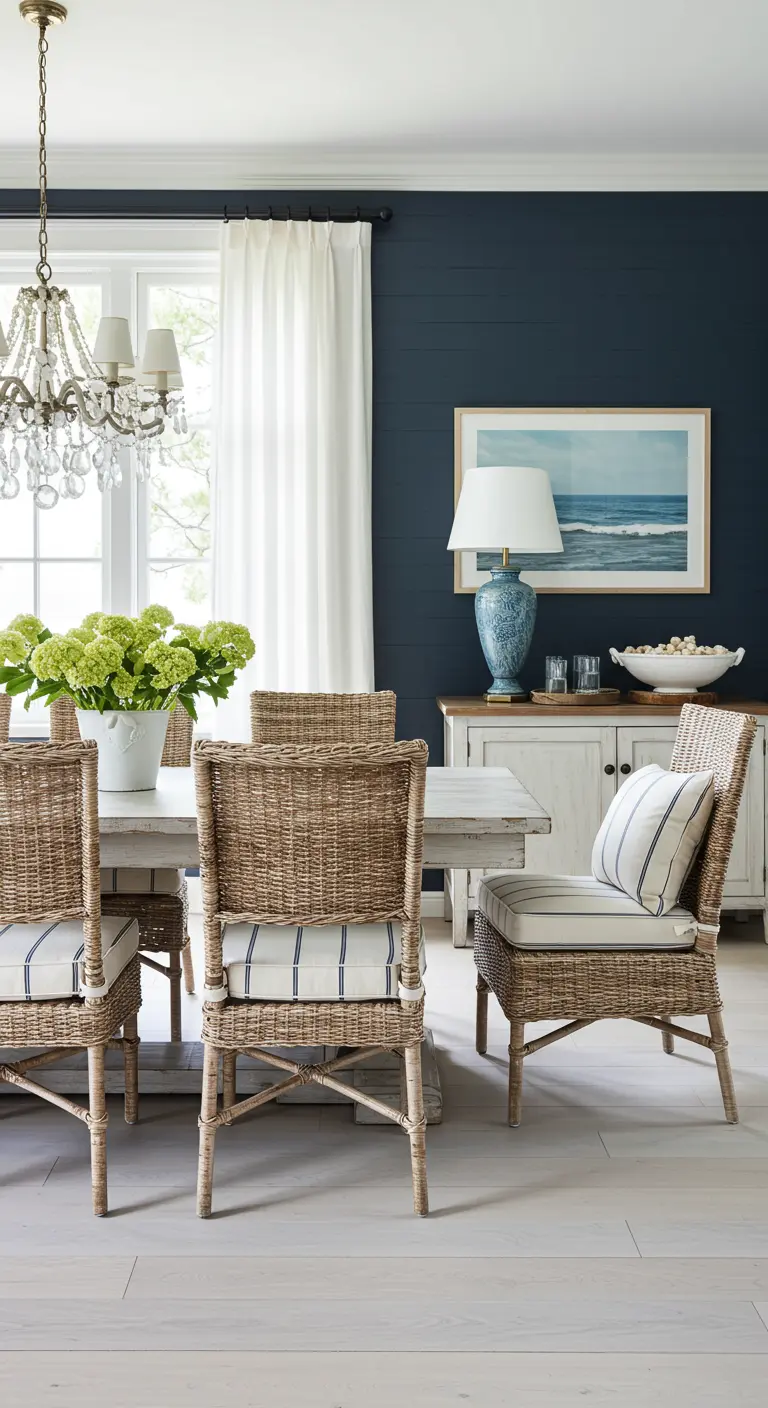 Dining room with a navy blue accent wall, wicker chairs, and a whitewashed dining table.