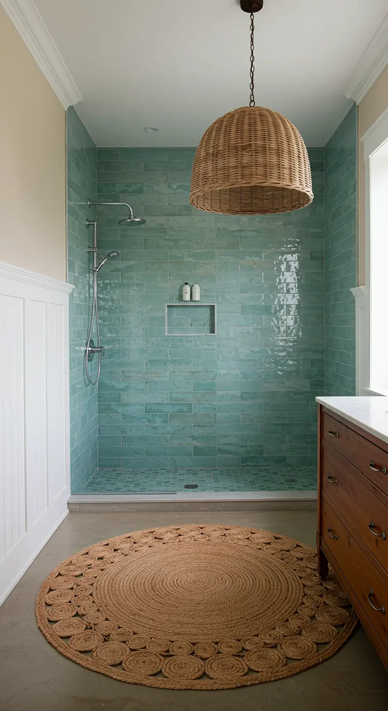 Walk-in shower with aqua tile next to a round jute rug and wood vanity.
