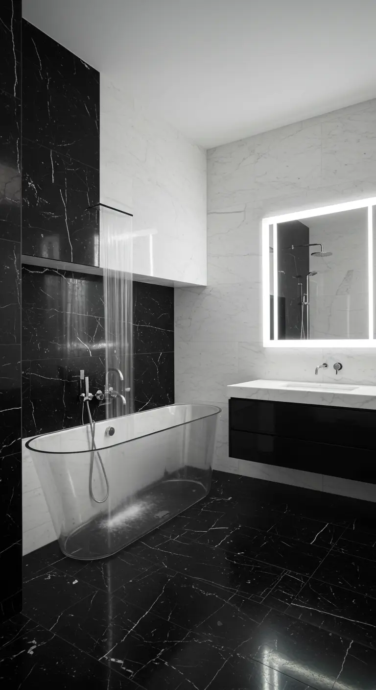 A black and white marble bathroom with a unique transparent acrylic bathtub and a floating black vanity.