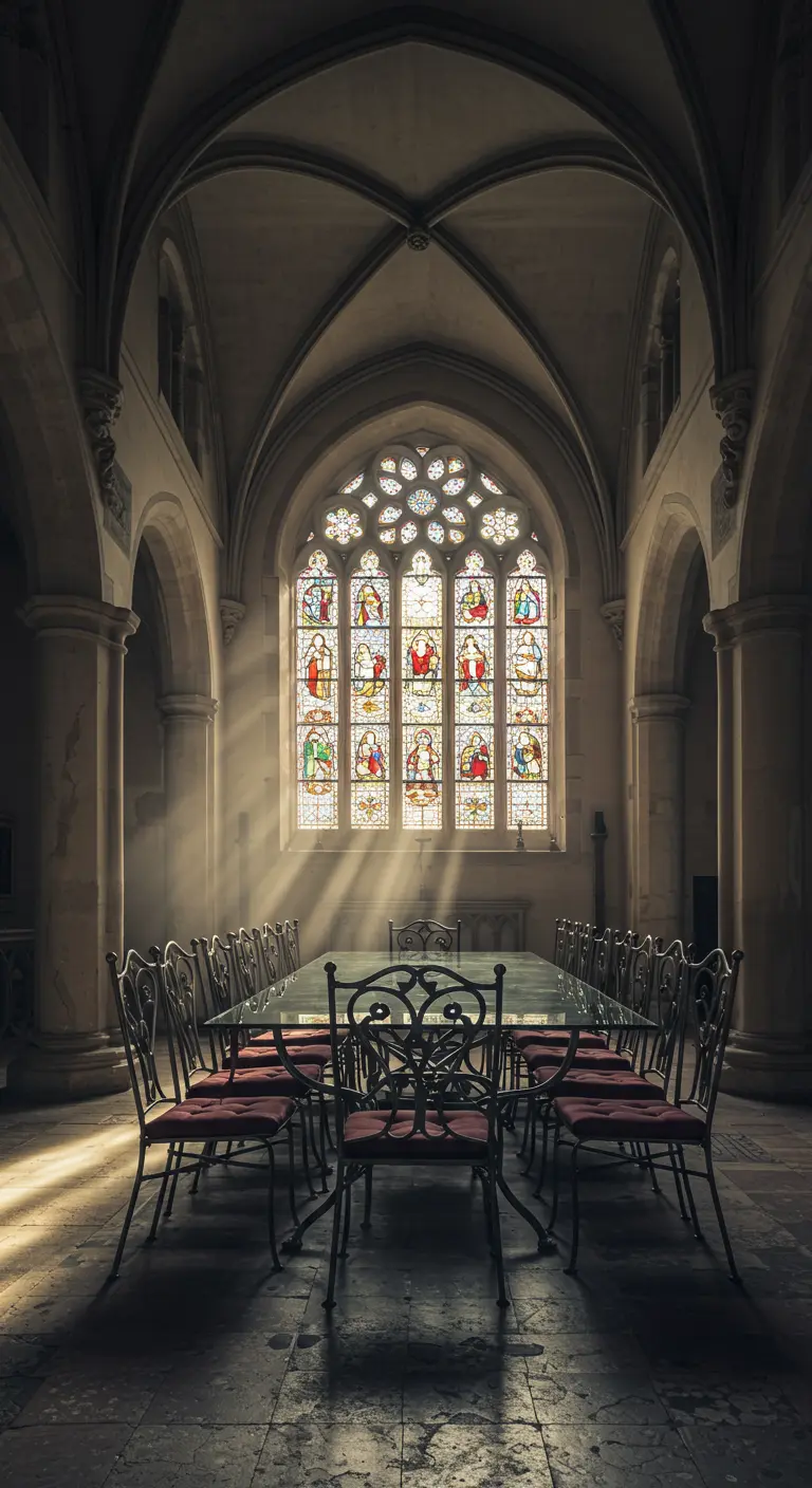 A long glass dining table in a grand gothic hall with a stained glass window.