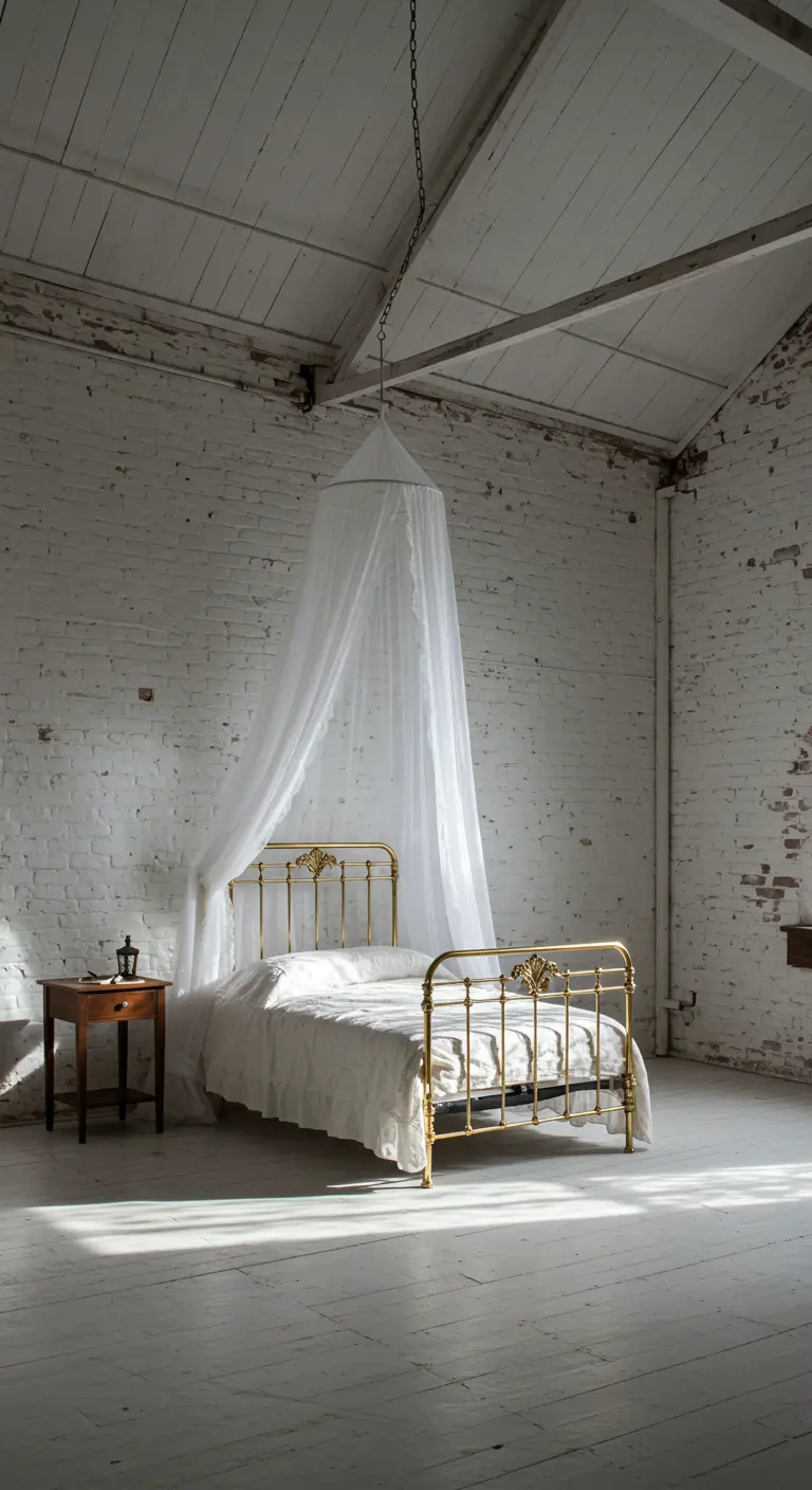 A spartan loft bedroom with whitewashed brick walls, a brass bed, and a simple white canopy.