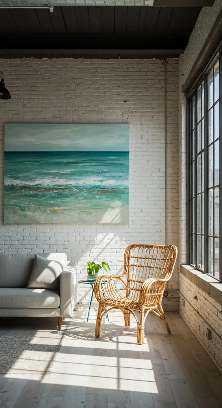 Industrial loft with painted white brick walls and a single shapely rattan accent chair.