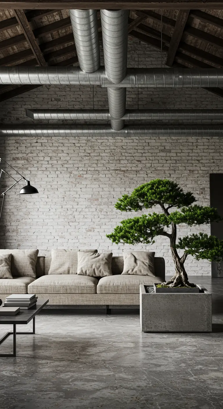 Industrial loft with exposed brick and ductwork, featuring a large bonsai in a concrete planter.