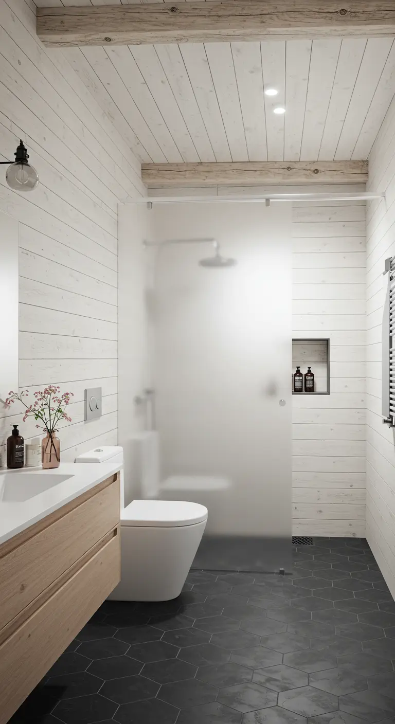 Bathroom with white shiplap walls, a dark hex tile floor, and a wood vanity.