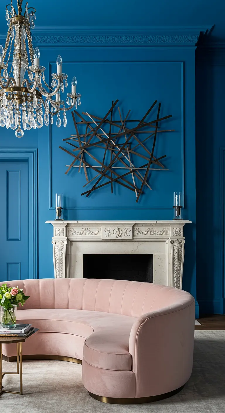 Elegant living room with blue walls, a curved pink sofa, and a traditional fireplace.