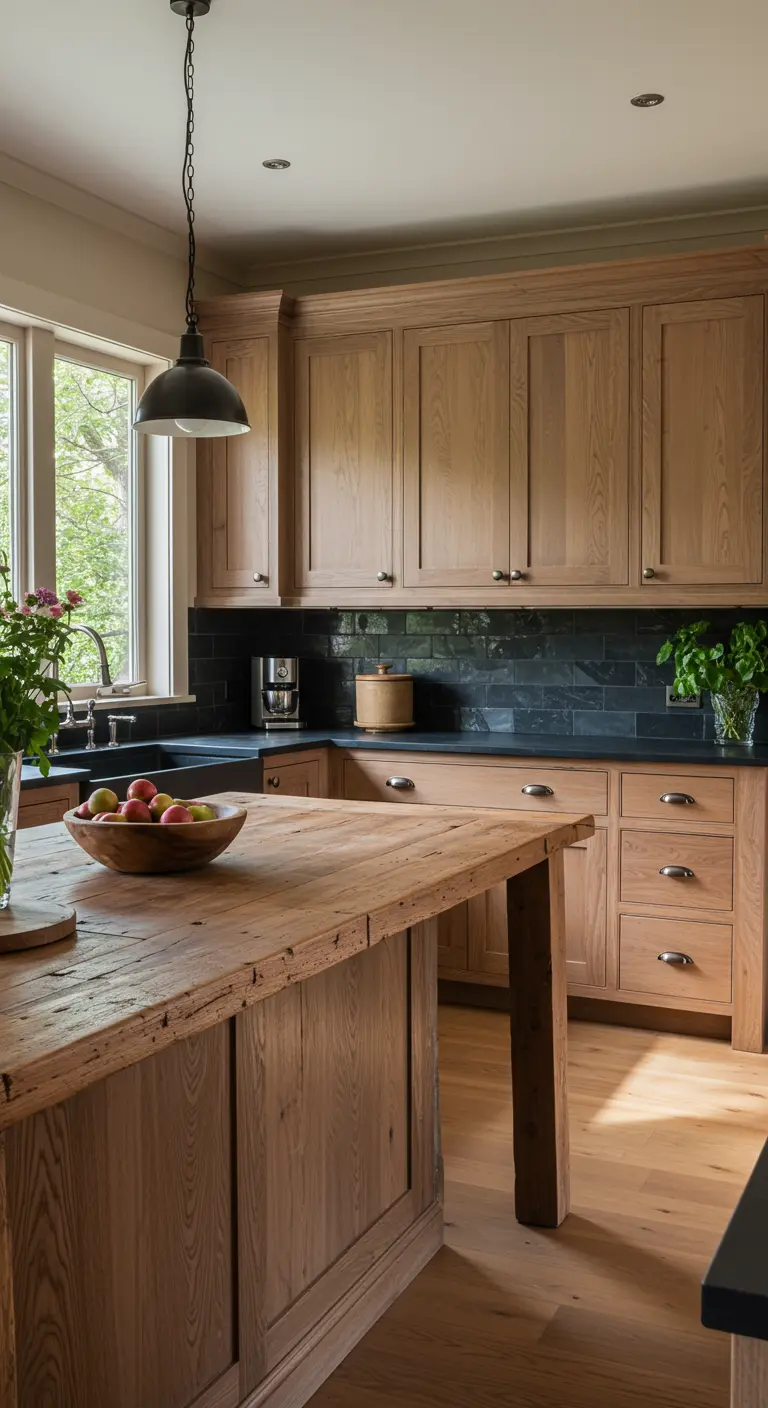 Kitchen with natural oak cabinets, a dark tile backsplash, and a live-edge wood island.