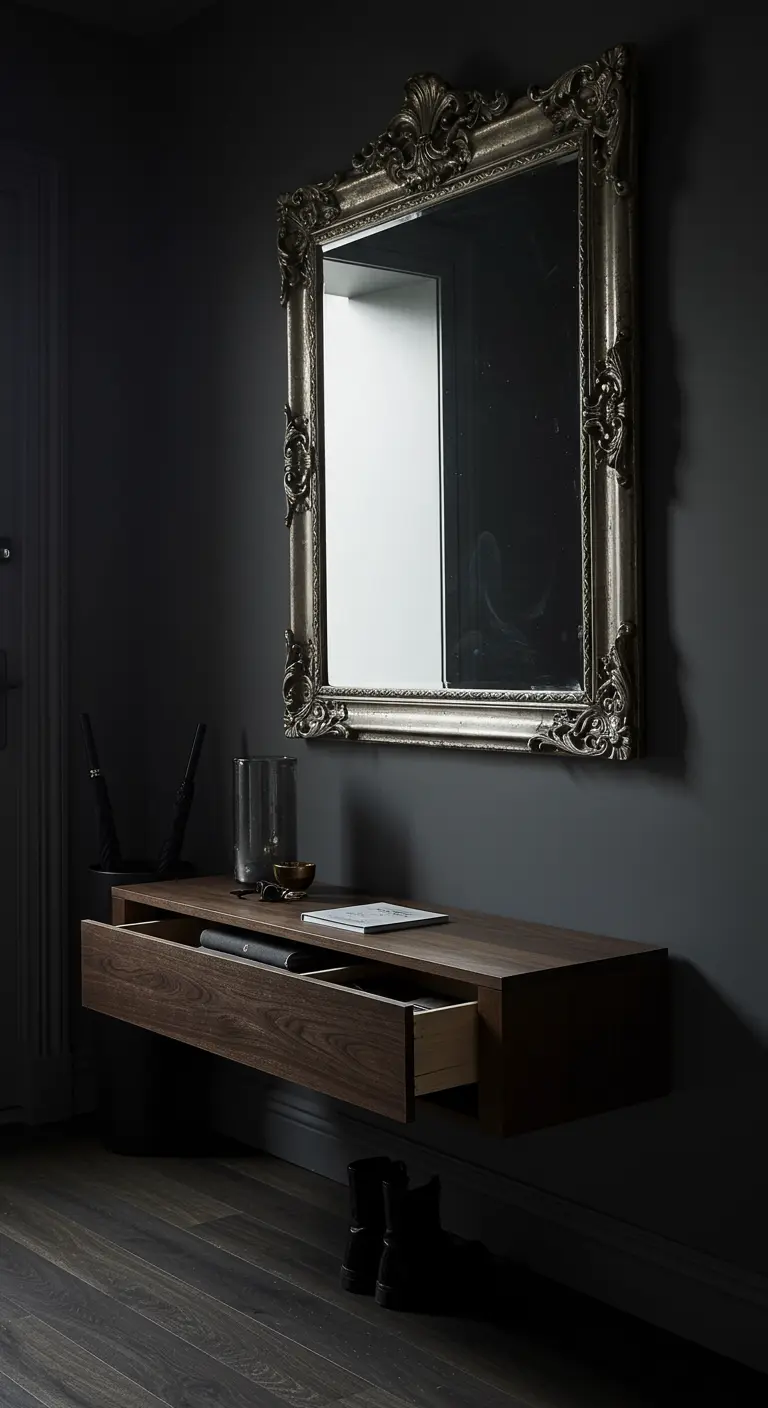 Ornate silver-framed mirror above a dark wood floating console against a charcoal wall.