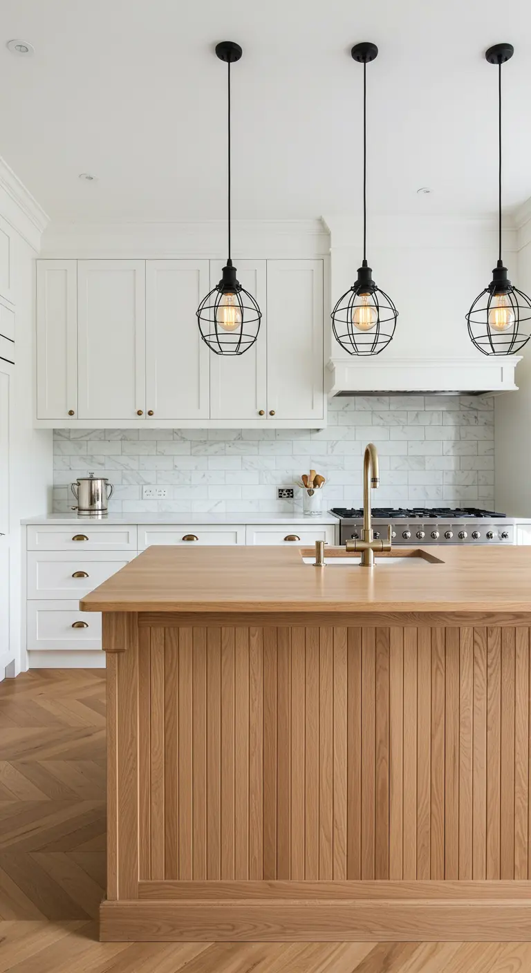 White kitchen with a natural oak fluted island and black cage pendants.